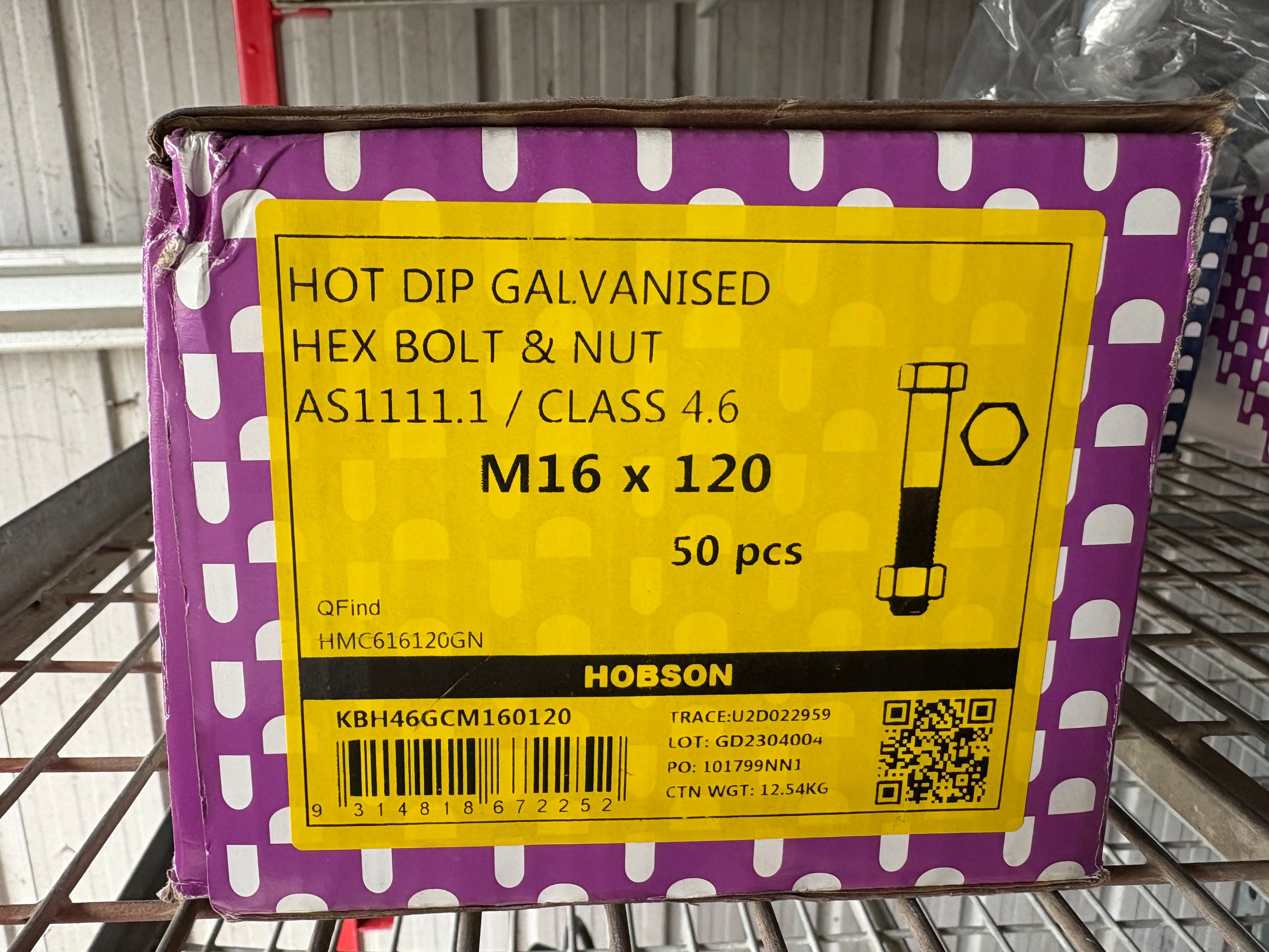 M16 x 120mm Hex Bolt and Nut HDG class 4.6